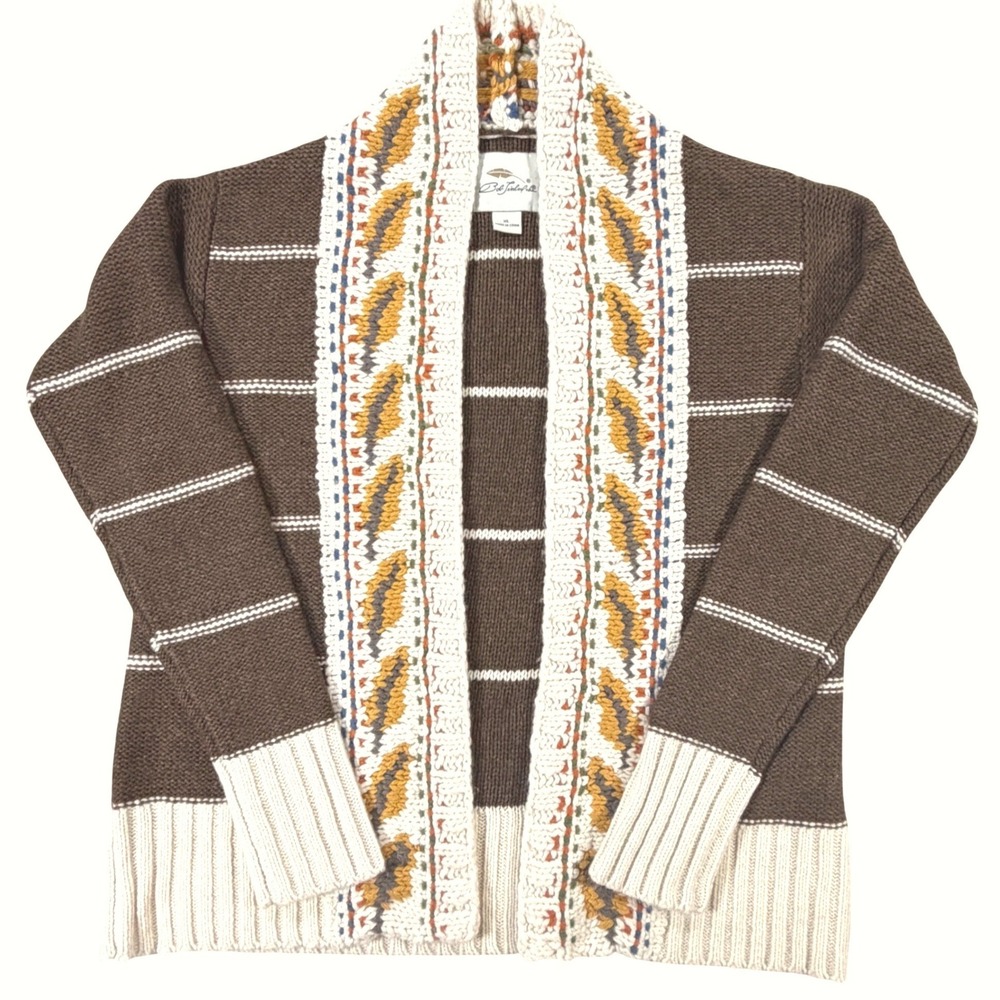 Chunky Wool Blend Cardigan Women XL Brown Stripe Leaves Fall Layer Cabin Grandpa
